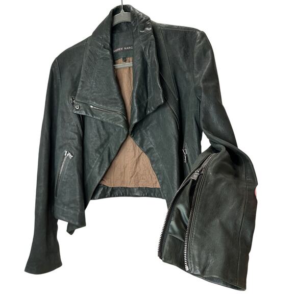 Andrew Marc Olive Green Diagonal Front Zip Leather Moto Jacket XS